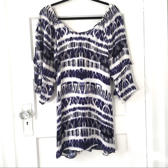 Parker Ikat Tie Dye Silk Dress with Flutter Sleeves in Blue and White Medium M - Picture 3 of 9